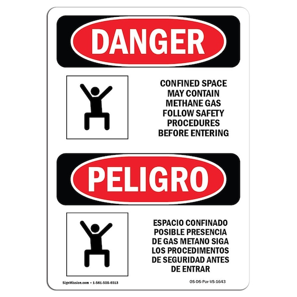 OSHA, Confined Space May Contain Methane Bilingual, 24in X 18in Rigid Plastic, 18" W, 24" H, Spanish